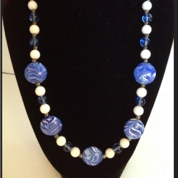Lampwork Glass Blue White Stripped Necklace Murano Set - Picture 4 of 6